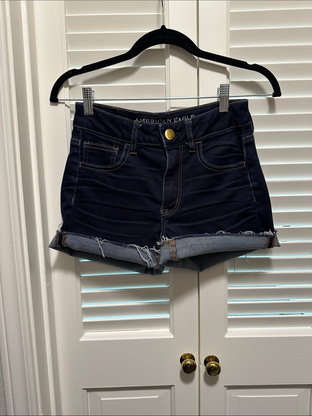 American Eagle Outfitters Dark Blue High-Rise Cuffed Denim Shorts